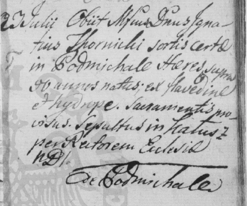 Фото запису про смерть Гната Хоміцького, Підмихайля 1794 рік