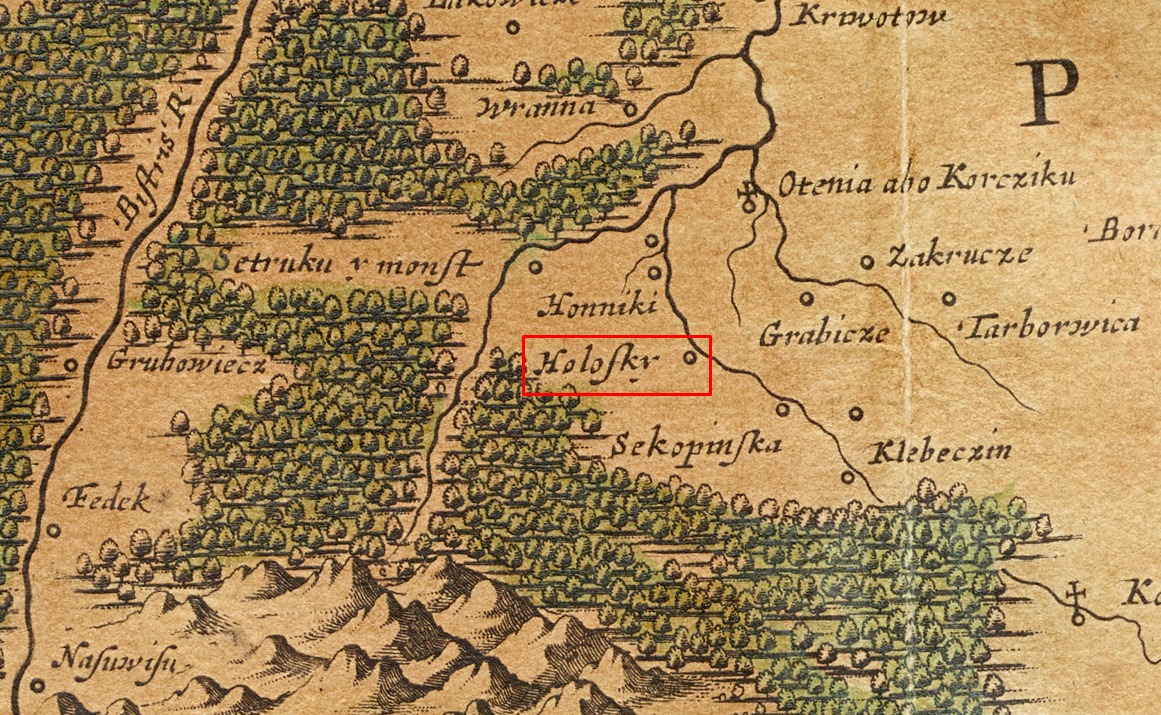 Голосків на карті 1670 року. Село позначено – Holosky у центрі мапи. 2