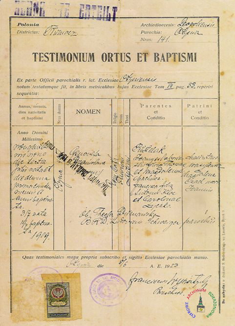 Свідоцтво про народження та хрещення Геновефи Пустелак, видане 8 червня 1923 року в Отинії